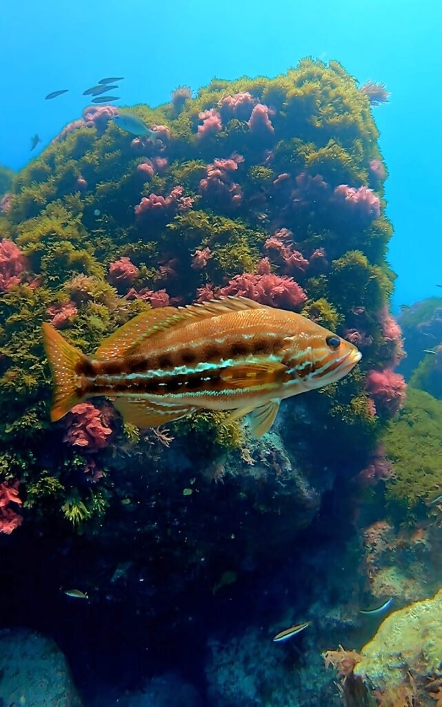 Fish in front of a rock covered in colourful algae at Dalia Beach